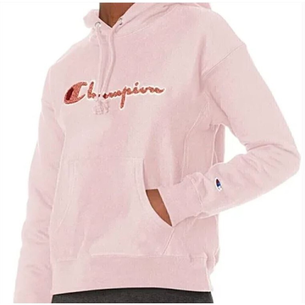 Champion Reverse Weave Spell Out Pink Pullover Sweatshirt Hoodie Kids Size XL
